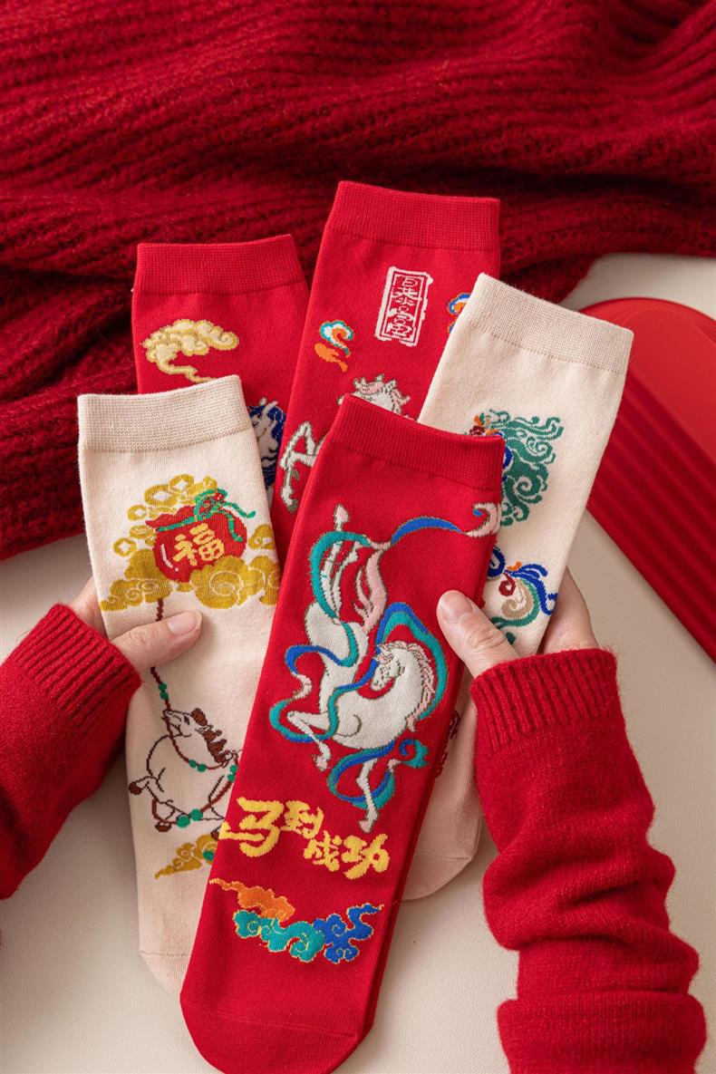 国潮马年中国风红袜子本命年中筒红色古风福马礼物吸汗动漫卡通薄款详情6