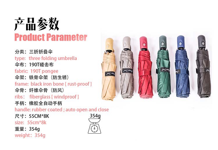RST三折雨伞纤维伞骨抗风全自动便携橡胶手柄素色折叠伞详情2