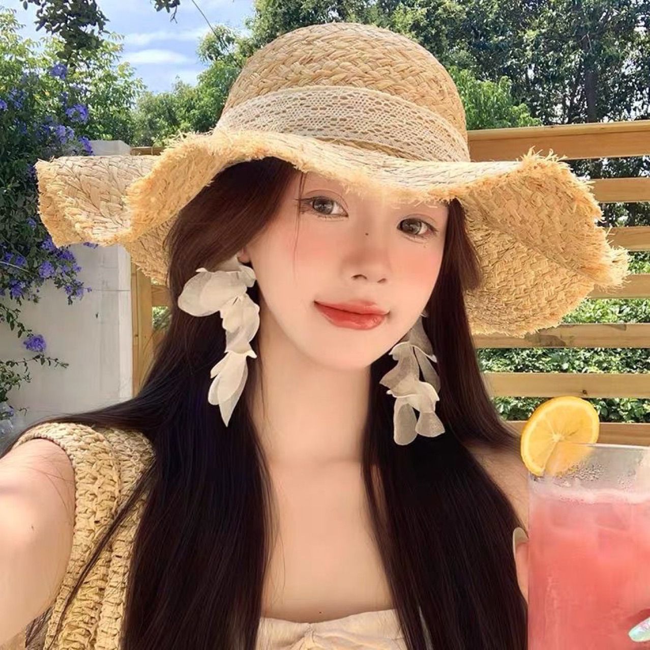 French lace-trimmed bow straw hat, summer seaside vacation beach woven sun hat, sun-protective hat, adult hat pic 4