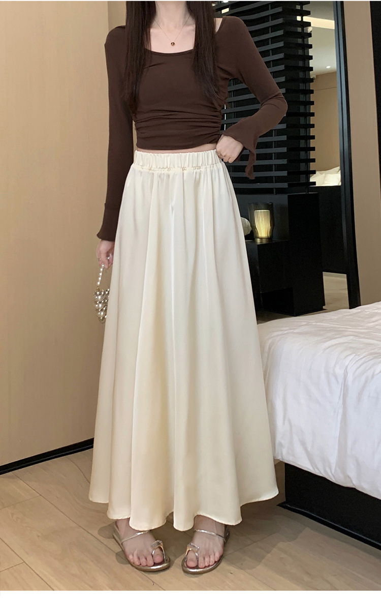 French acetate satin half skirt for women 2024 Spring/Summer pleated long skirt with elastic and tight waist, A-line large swing umbrella skirt pic 30