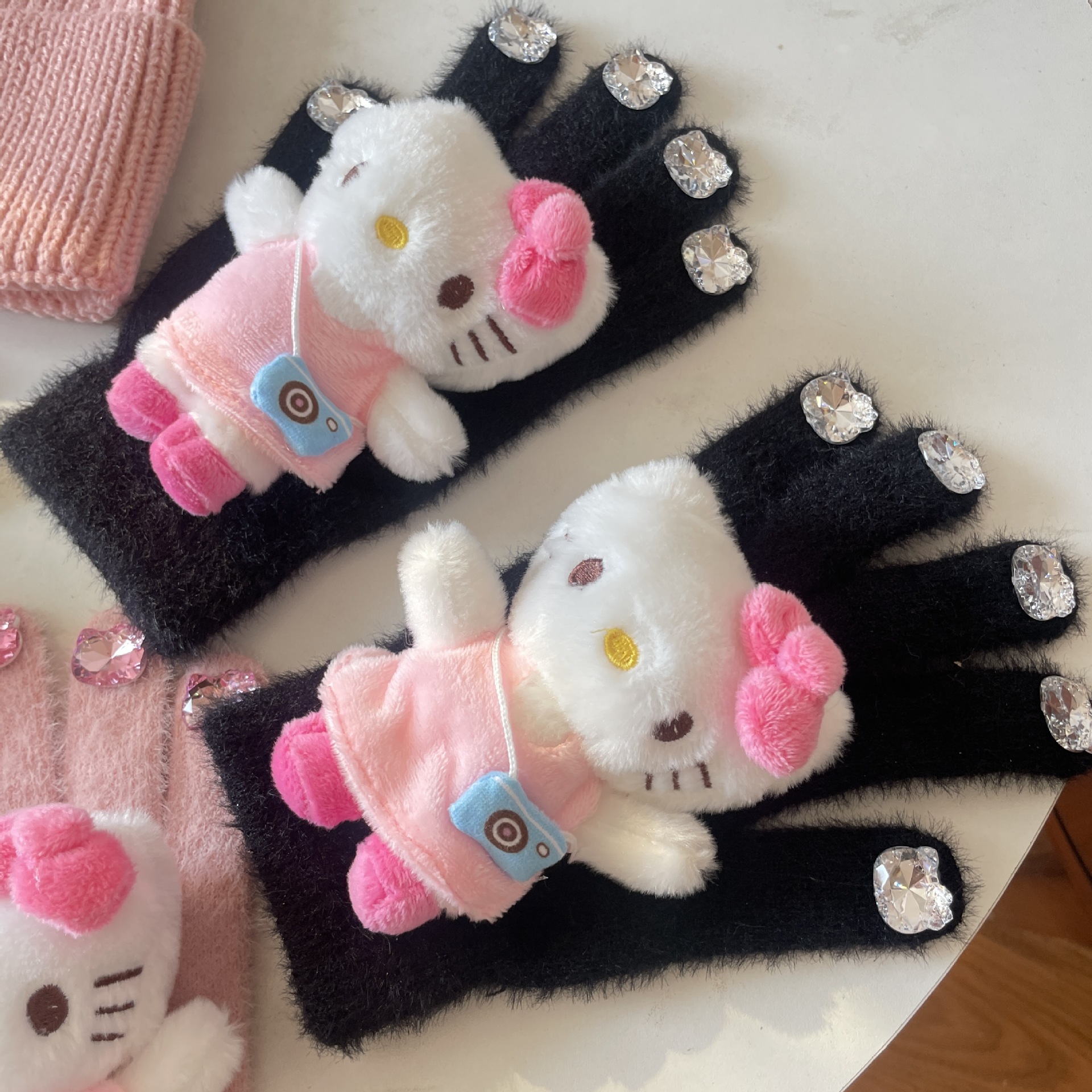 HelloKitty water diamond cute plush gloves for autumn and winter, Kitty Cat doll, warm knitted five-fingered gloves for girls pic 22