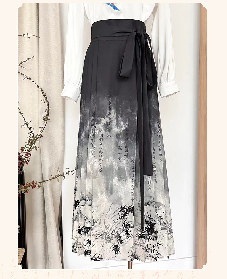 Ink-dyed bamboo leaf and horse face skirt for women in 2024, a piece of Chinese traditional style. Try the retro pleated skirt with chiffon satin print and Chinese fashion pic 10