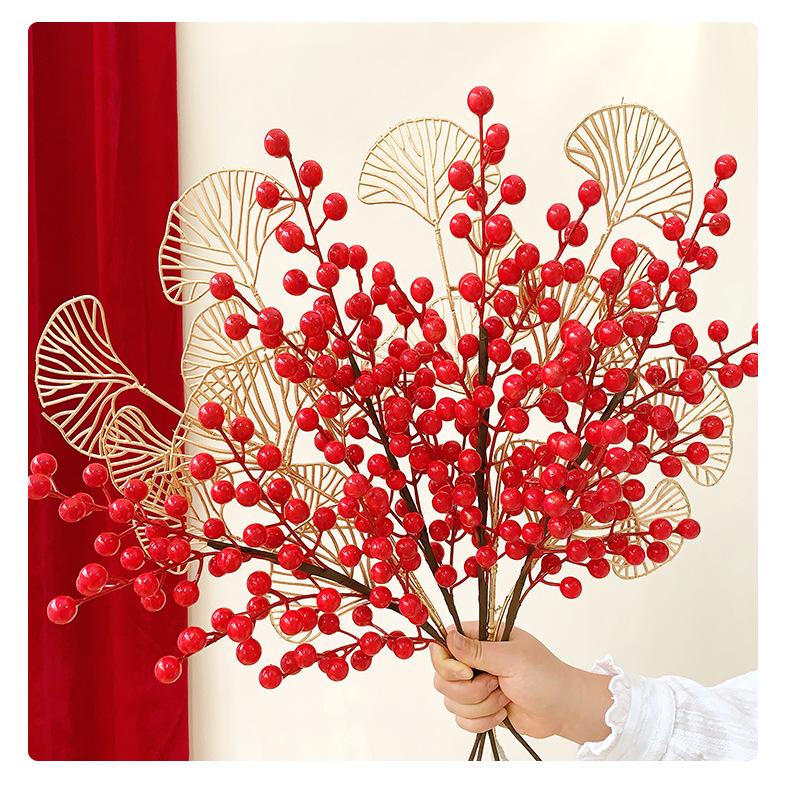 年宵花新年装饰花摆件发财果仿真花摆设假花冬青红果客厅乔迁插花详情21