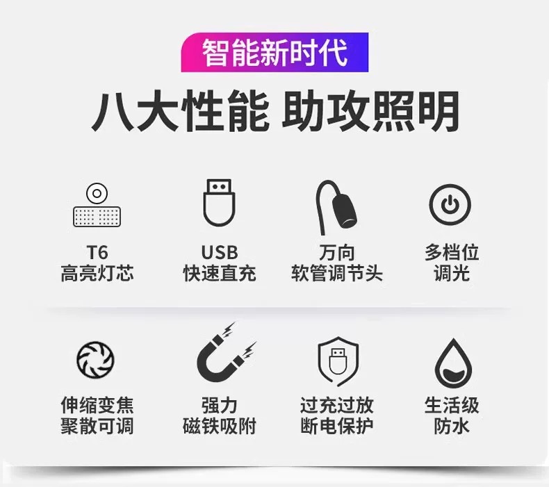 跨境强磁汽修手电筒强光充电调焦LED软管机床工作维修检修烧烤灯详情2