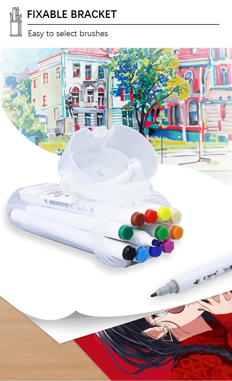 Yalong Cross-border 12-color alcohol ink marker pen double-brush nib bucket marker pen is used for drawing and marking pic 7