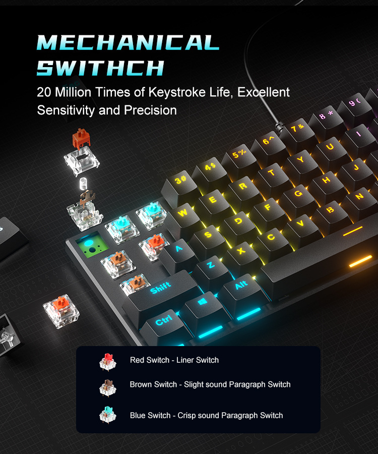 Special offer: Cross-border BD61 wired mechanical keyboard with red, blue and tea switches mixed optical gaming 61-key mechanical keyboard pic 13
