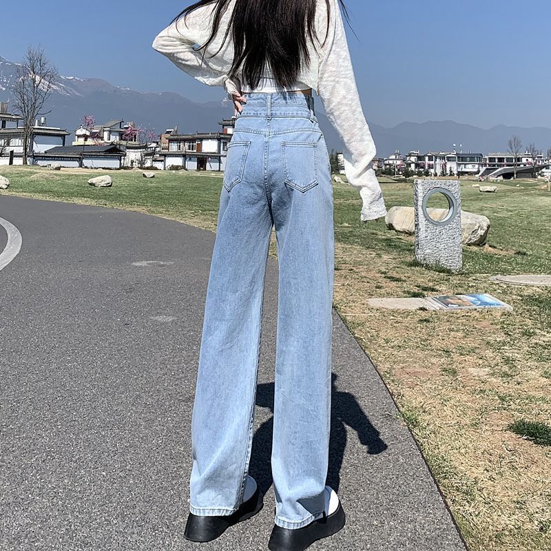 High-waisted straight-leg jeans for women in the spring and autumn of 2023, with a niche design and a loose fit that accentuates petite figures. Wide-leg jeans are in vogue pic 4