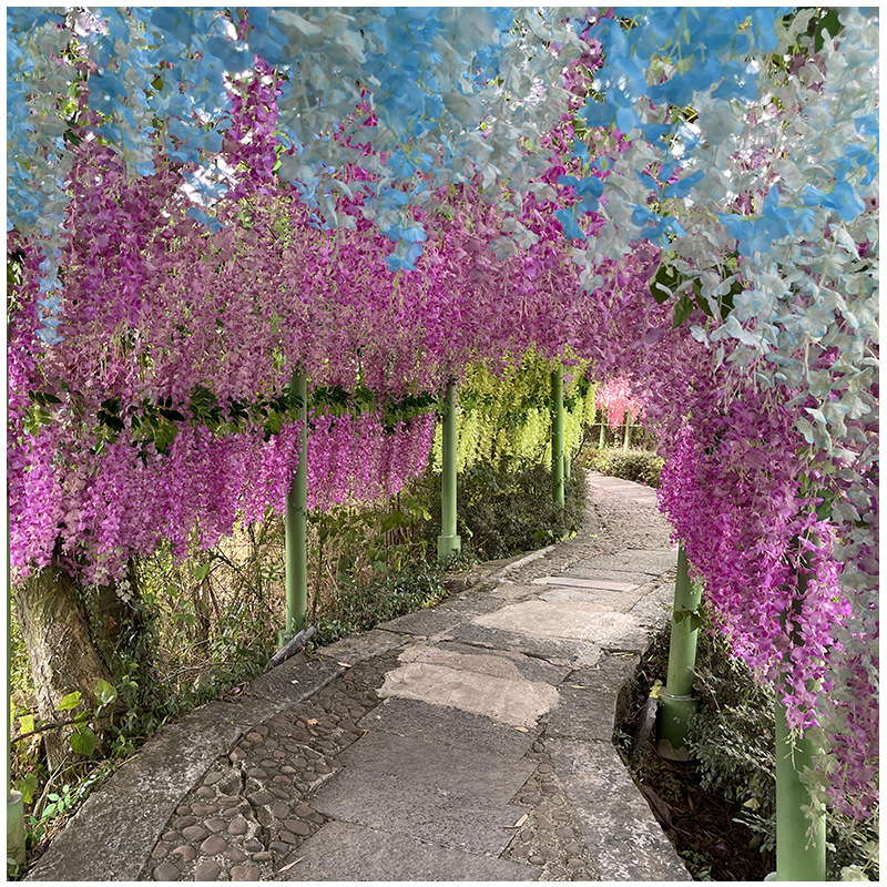 仿真垂吊紫藤花网红婚庆长廊吊顶装饰加密豆花花串假花藤条树枝详情57