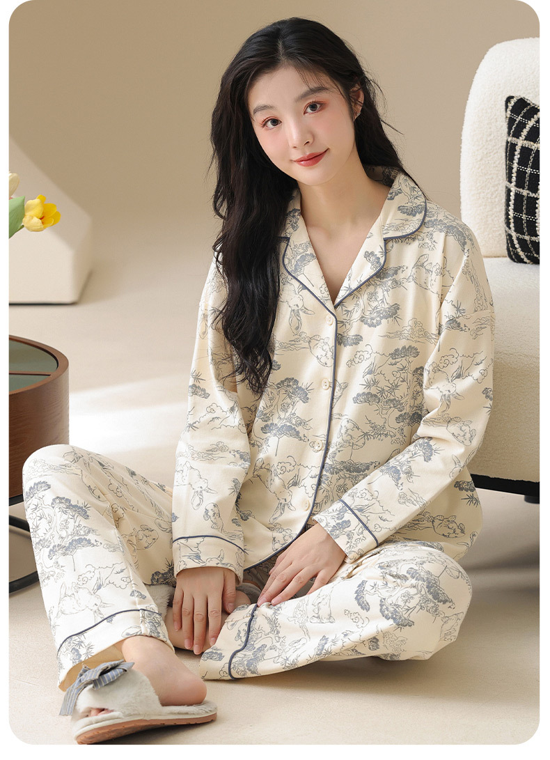A类抗菌100%纯棉睡衣女士春秋季女款长袖开衫四季可外穿家居服女详情9
