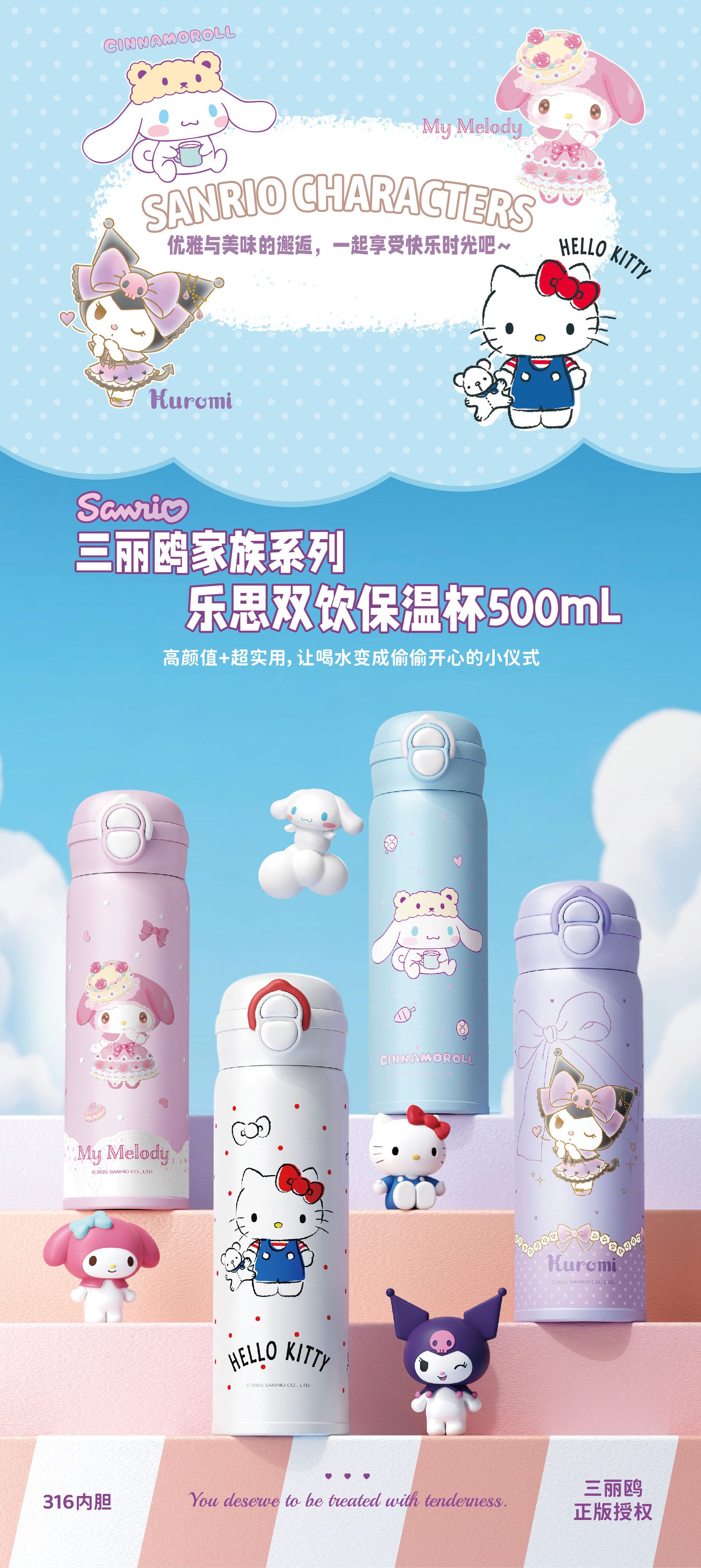 三丽鸥库洛米凯蒂猫儿童保温杯316食品级小学生女孩双饮吸管水杯详情1