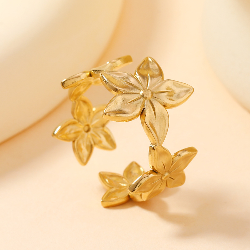 欧美时尚钛钢戒指 法式复古流行油压贝壳 花朵开口戒不锈钢饰品详情12