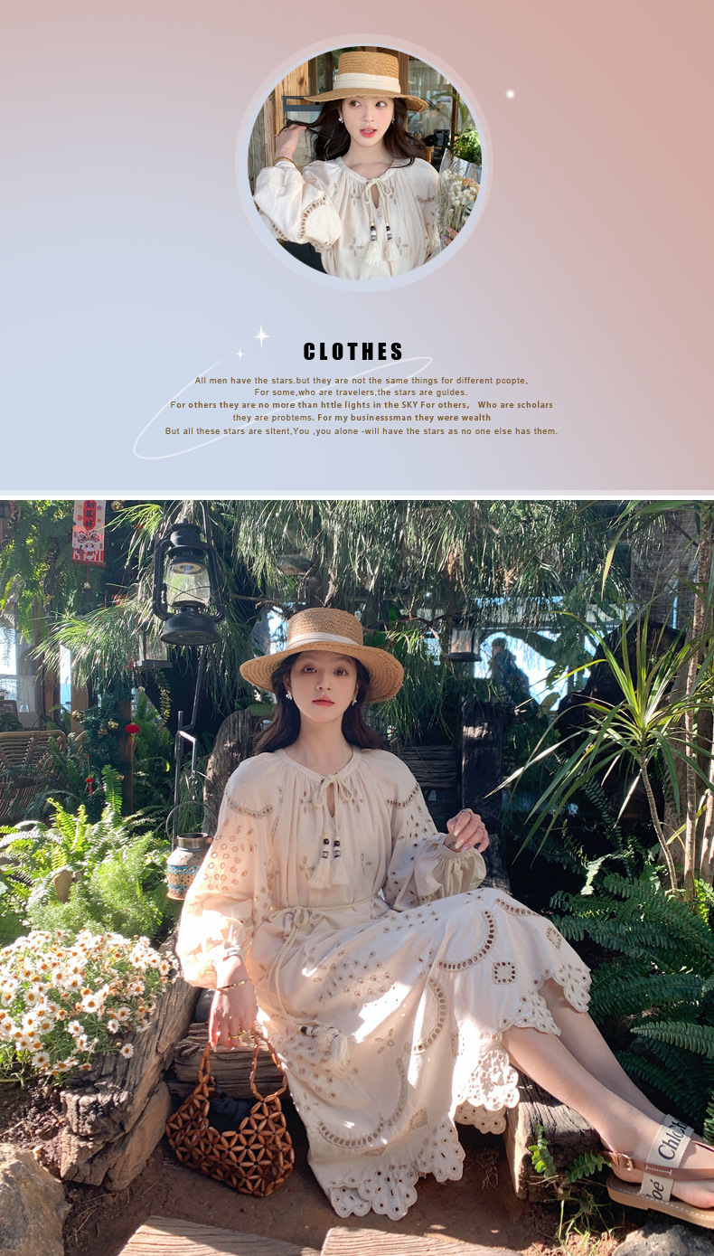 Real photo of a retro, gentle, cut-out embroidered V-neck apricot-colored dress, 2025 new seaside vacation style long-sleeved umbrella dress pic 2