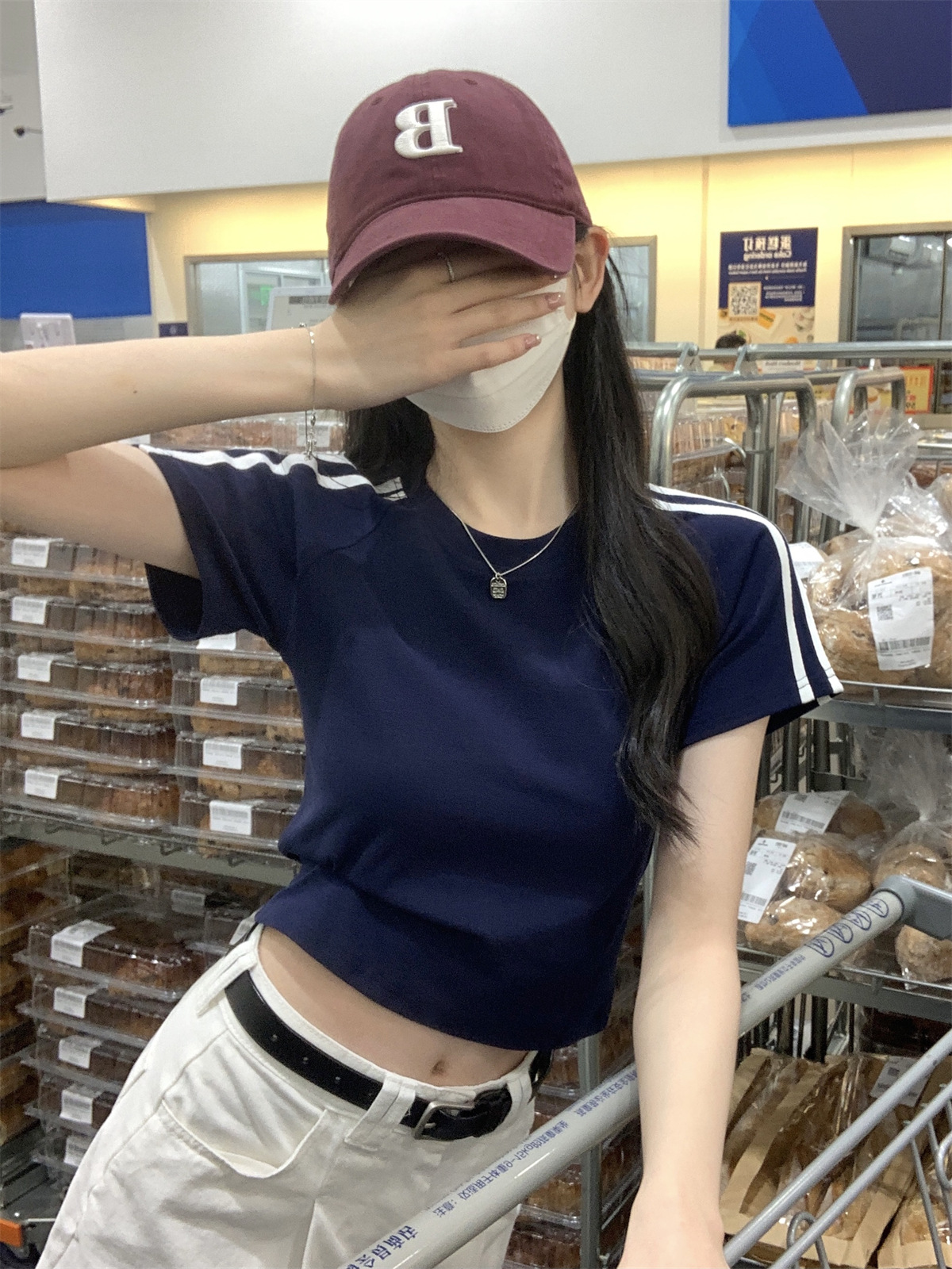 美式2024夏季新款韩版圆领修身插肩杠条显瘦百搭短袖T恤女装上衣详情12