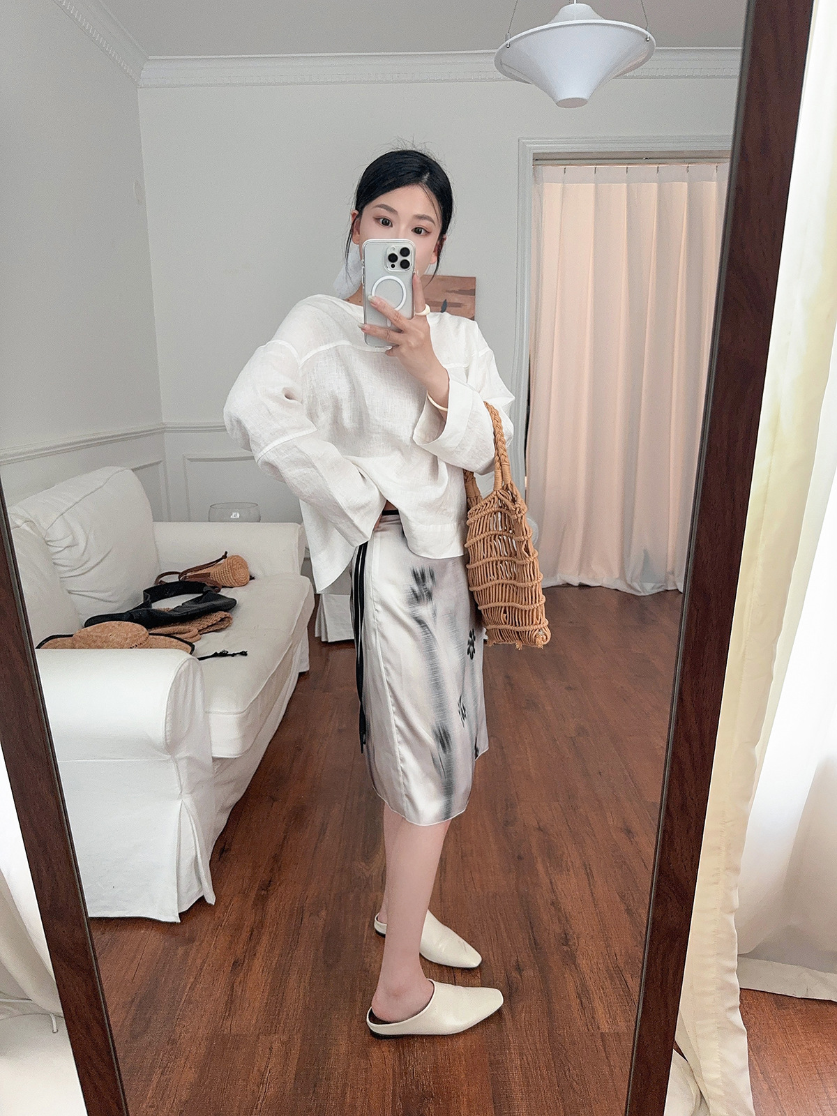 MD25女装新中式优雅晕染印花系结腰身过膝裙半身裙 05217897403详情22