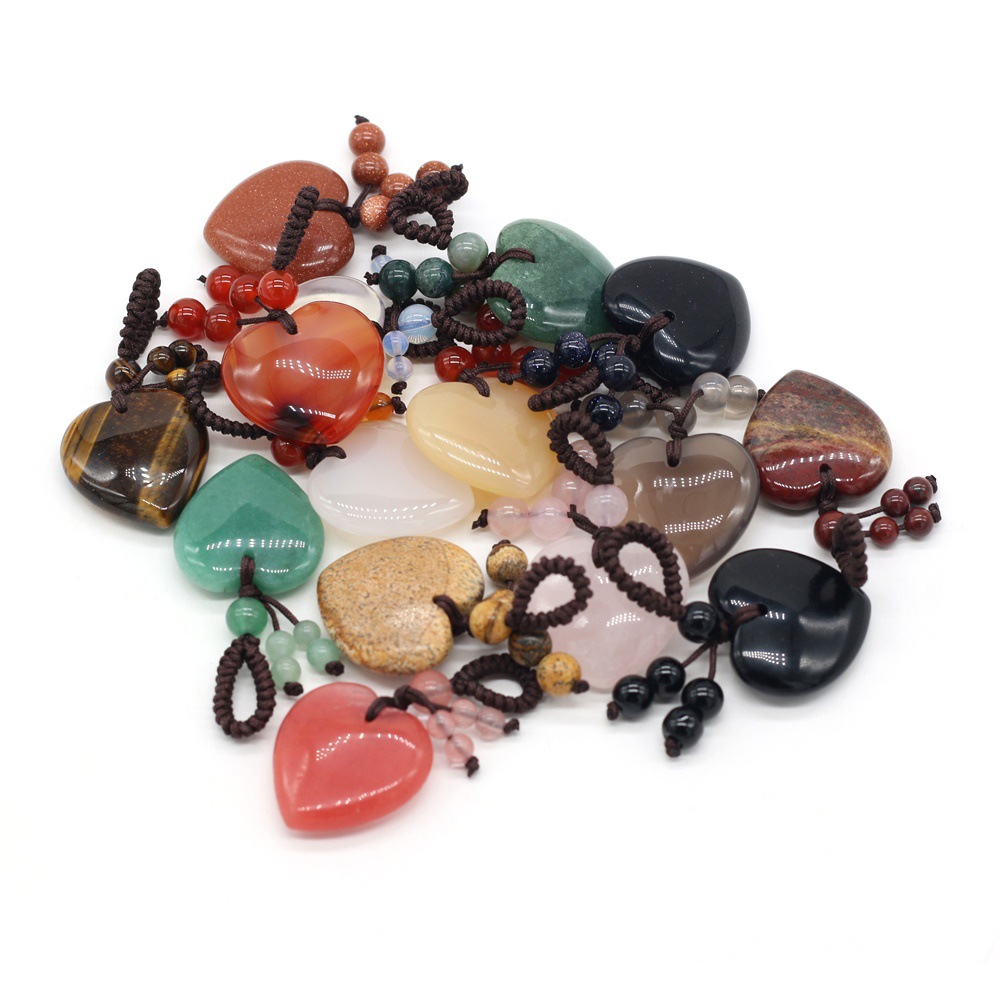 Natural stone heart-shaped semi-precious stone keychain DIY accessory heart-shaped keychain fashion dress accessory chain pic 3