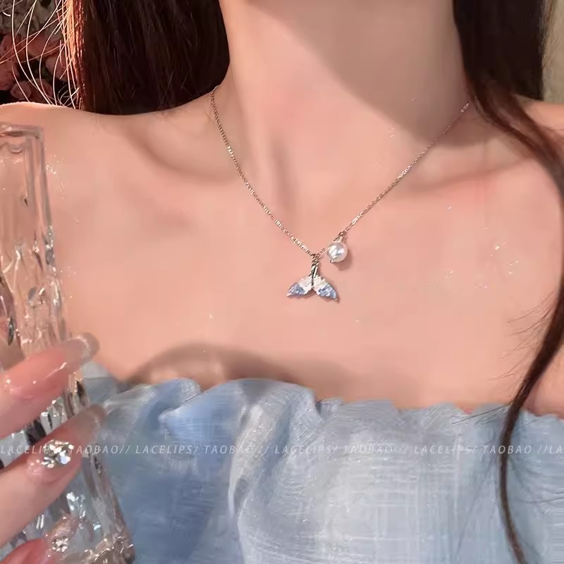 鲛人恋~轻奢小众蓝晶石鱼尾珍珠项链女2024新款高级感锁骨链配饰详情5