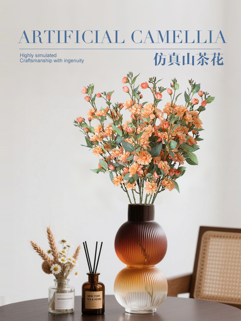 仿真单枝山茶花中式复古家居装饰摄影道具假花绢花野山茶仿真花详情1