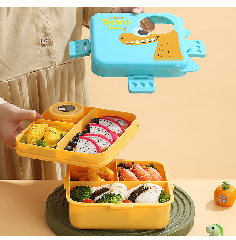 Dinosaur sauce cup lunch box, plastic PP microwave heating tape rice box, double-layer separated salad lunch box wholesale pic 11