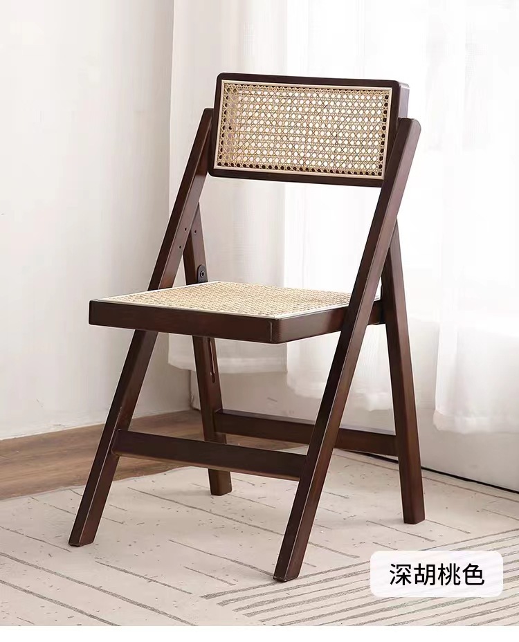 中古侘寂风藤编椅子家用折叠椅实木凳子靠背餐椅北欧风休闲办公椅详情8
