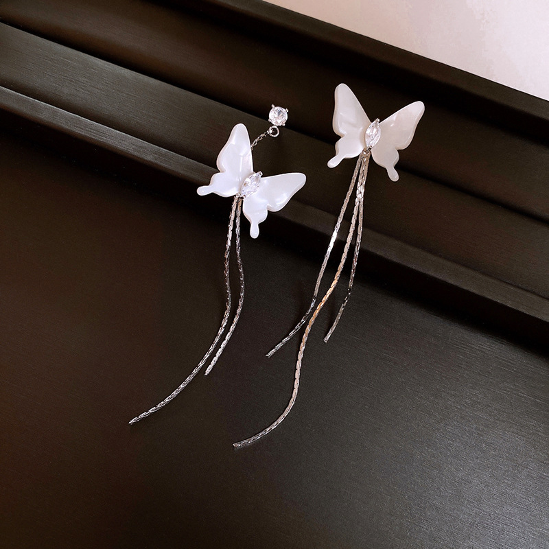 银针不对称蝴蝶树脂流苏耳钉气质高级感耳环甜美小清新耳饰批发女详情5