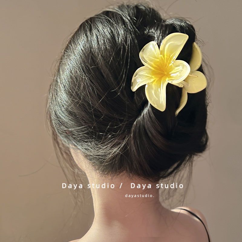 欧美跨境彩色鸡蛋花发夹花朵抓夹复古女士侧抓半抓后脑勺鲨鱼夹详情1