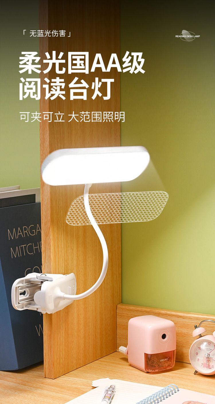 Bedroom reading bedside lamp, touch dimming desk lamp, college student dormitory rechargeable plug-in LED clip-on study lamp pic 1