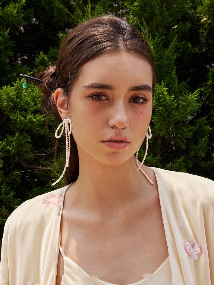 秋冬新手工编织款珍珠蝴蝶结耳钉女s925银针气质小众设计流苏耳环详情8