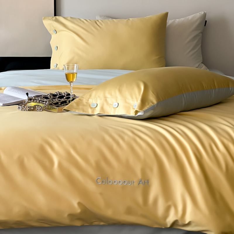 Simple, light luxury and fashionable solid-color long-staple cotton four-piece set, pure cotton letter-embroidered duvet cover, double bedding pic 91