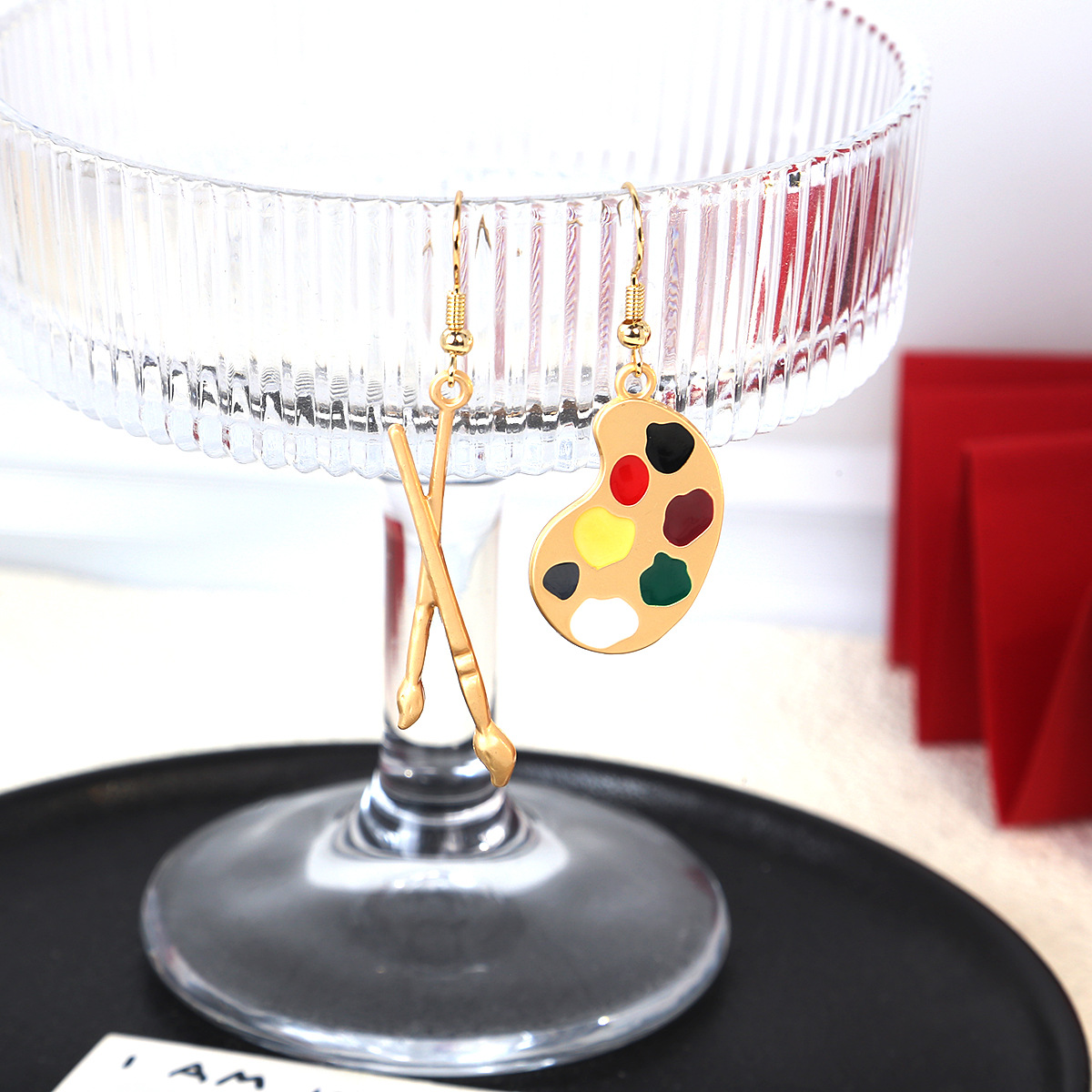 银针设计感个性趣味画笔画板耳环项链 ins复古文艺气质不对称耳钉详情10