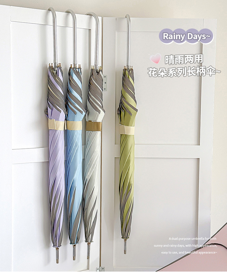 The new 8-bone petal umbrella with a straight stem and curved handle is an automatic umbrella for girls. It has a high appearance level, enhanced reinforcement, and provides sun protection and UV protection pic 1