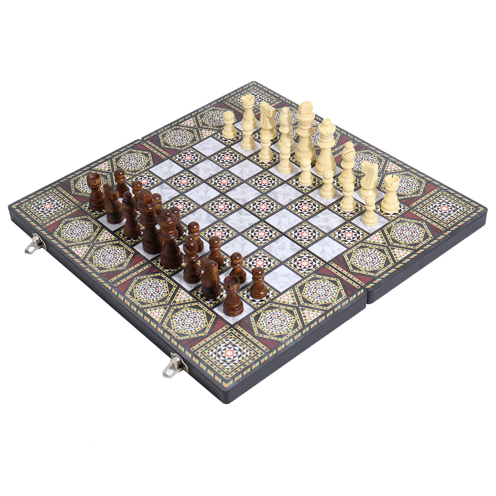 Wholesale of international chess casual entertainment chessboard with dark wooden patterns, three-in-one, high-end feel, portable folding, and for export pic 3