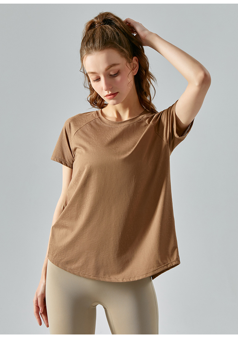 Spring and summer jacquard slit cutout yoga smock for women, light and quick-drying short-sleeved T-shirt, loose and breathable yoga wear top pic 23
