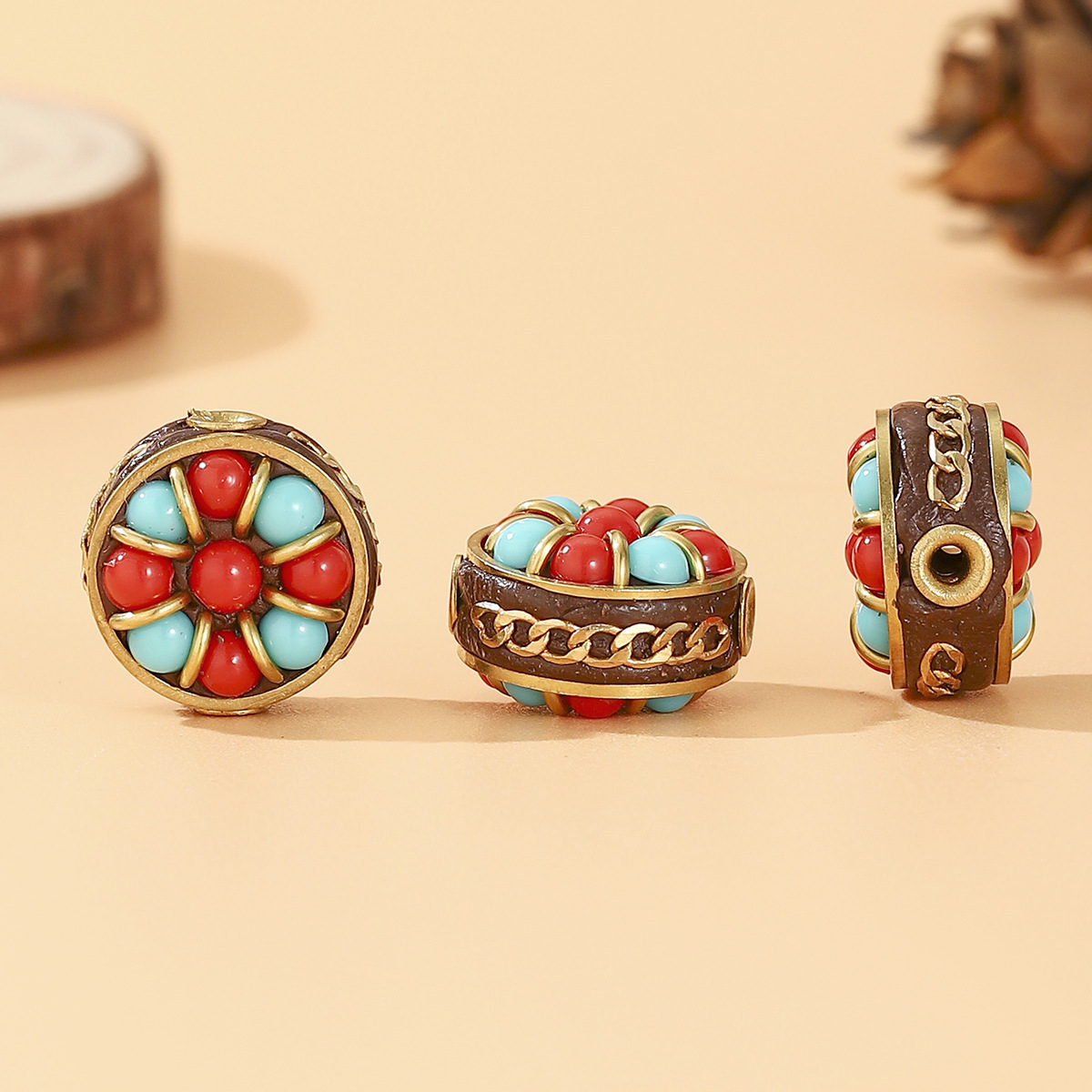 Tibetan-nepalese brass handcrafted beads, retro ethnic style DIY jewelry, with partition beads and bucket beads set with red and blue turquoise pic 15