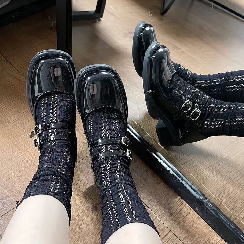 蕾丝中筒袜子jk条纹木耳边玛丽珍小腿堆堆袜女高弹透气透气抗菌详情4