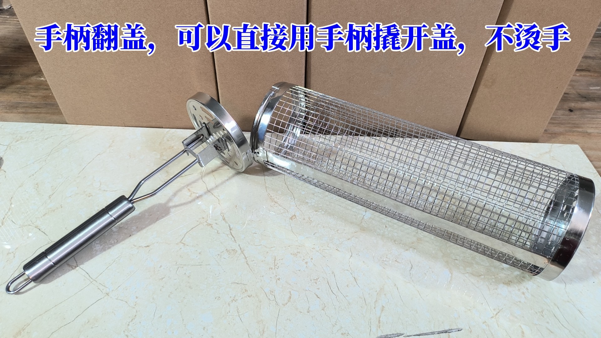 Round stainless steel barbecue cage handle flip cover integrated barbecue cage, outdoor manual rolling barbecue cage pic 7