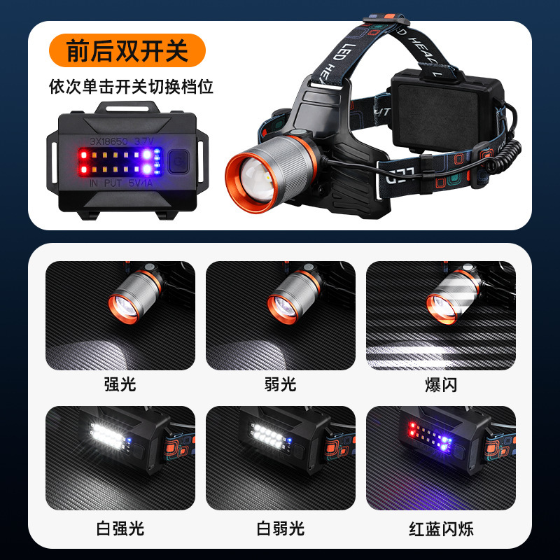 跨境新款户外充电露营登山应急灯夜钓灯拉伸变焦警示灯强光头灯详情9