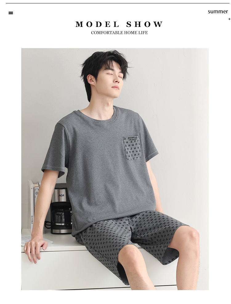 100% pure cotton summer pajama set for men, thin home wear, short sleeves and shorts, simple and casual, all-cotton, suitable for outdoor wear pic 7