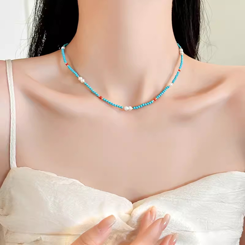 新中式优化绿松石红玛瑙串珠施家珍珠项链小众法式复古轻奢锁骨链详情9