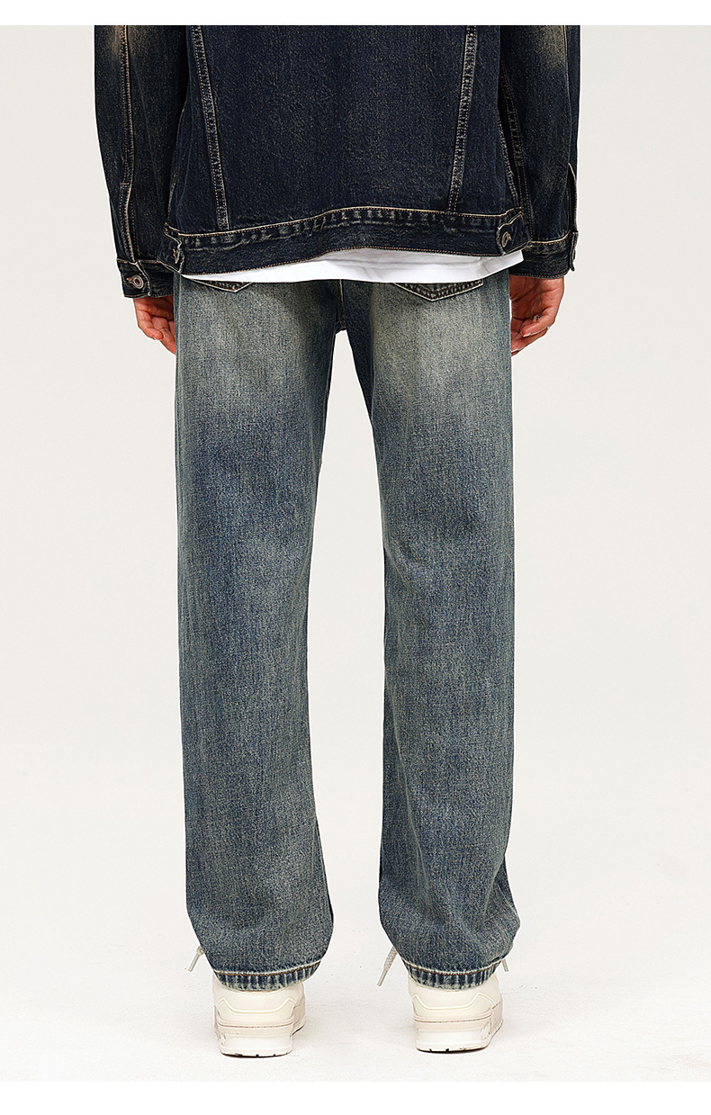 American retro yellow mud-dyed straight-leg jeans for men, vintage washed loose wide-leg pants for men pic 13