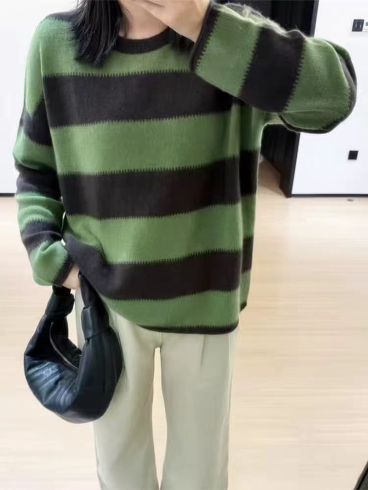 羊毛敲级绒感配色圆领毛衣圆领上衣宽松针织衫羊毛衫女澳洲绿色详情13