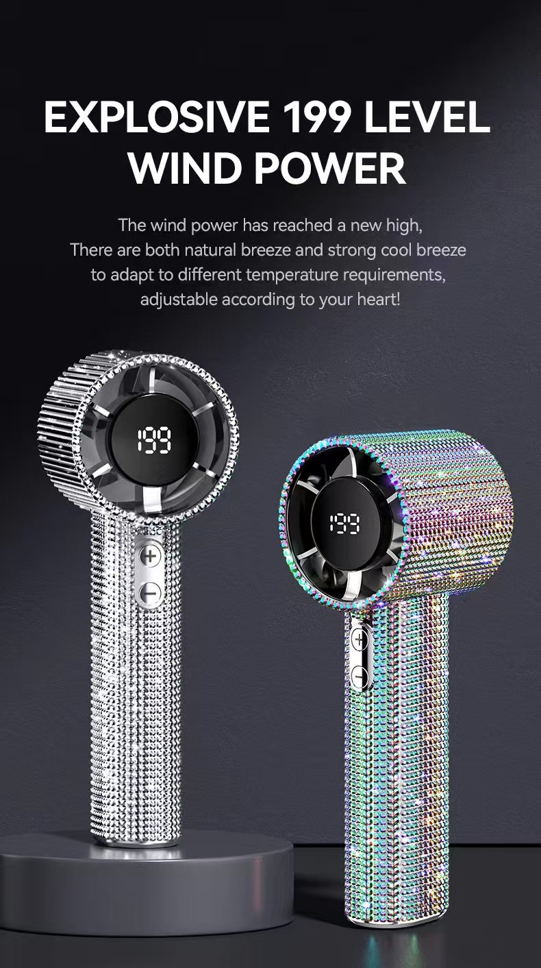 Cross-border bestseller S5 full-diamond digital display handheld high-speed fan with 199 speed adjustment for outdoor portable handheld fans pic 2