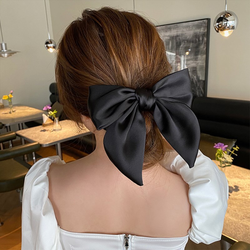 Elegant and high-end hair tie, black satin oversized bow hair band, sweet and charming high ponytail hair tie and headwear pic 4