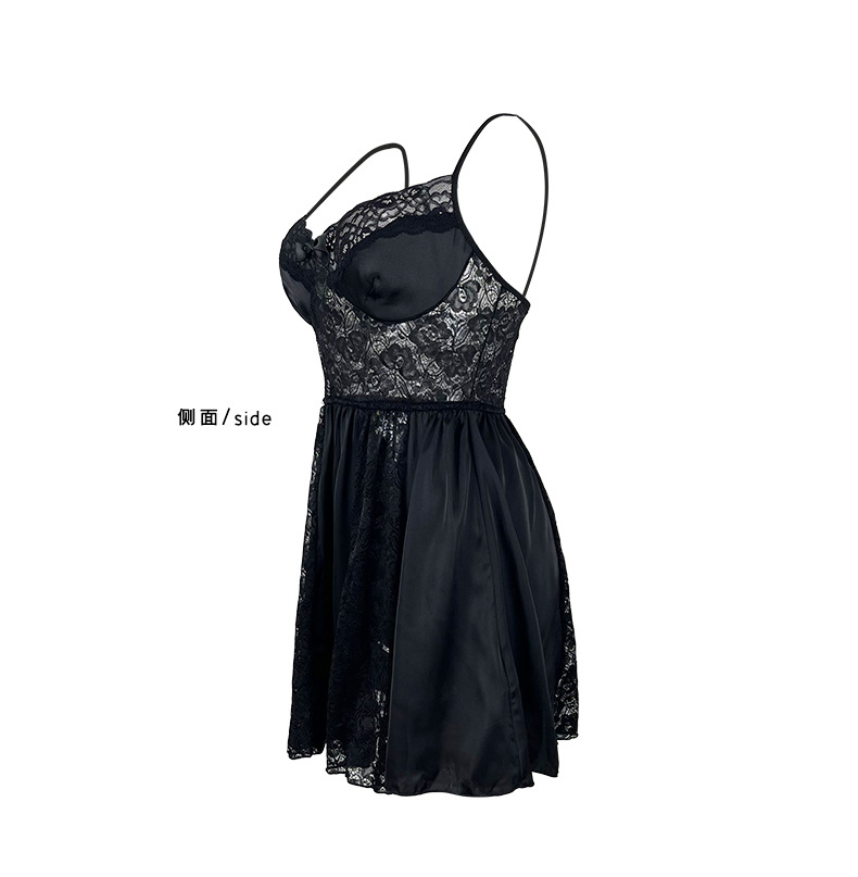 Fuente fábrica europa y américa sexy encaje patchwork satén halter vestido de dormir profundo V corto estilo blanco y negro dos colores inicio vestido 826 pic 20