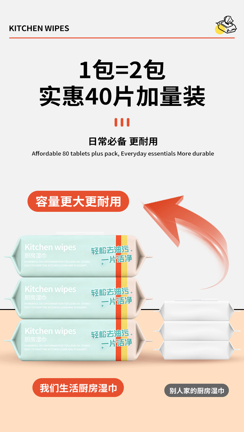Kitchen wet wipes, strong oil stain removal, large packs, thickened stain removal paper, household range hood stain removal wet wipes, factory wholesale pic 5