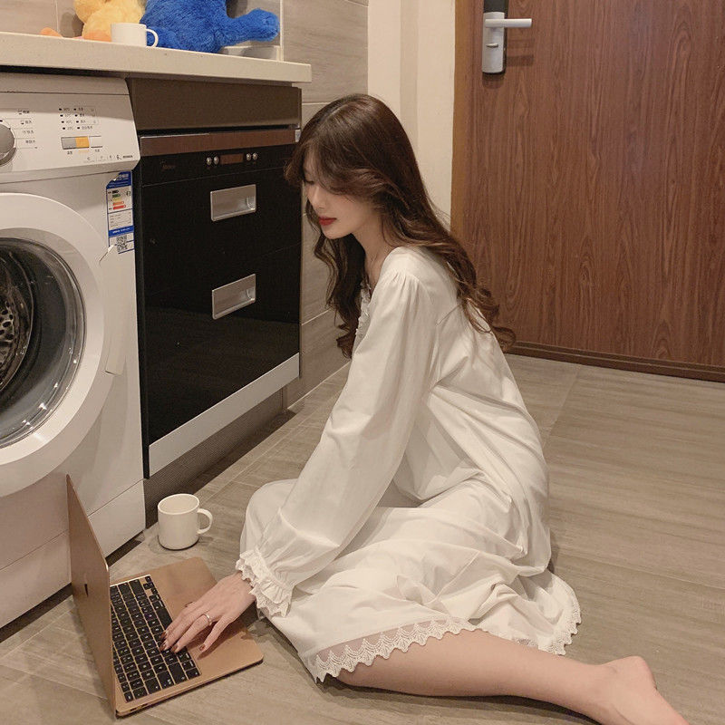 睡衣女大码睡裙白色长袖长裙宫廷风韩式公主风家居服外贸跨境爆款详情4