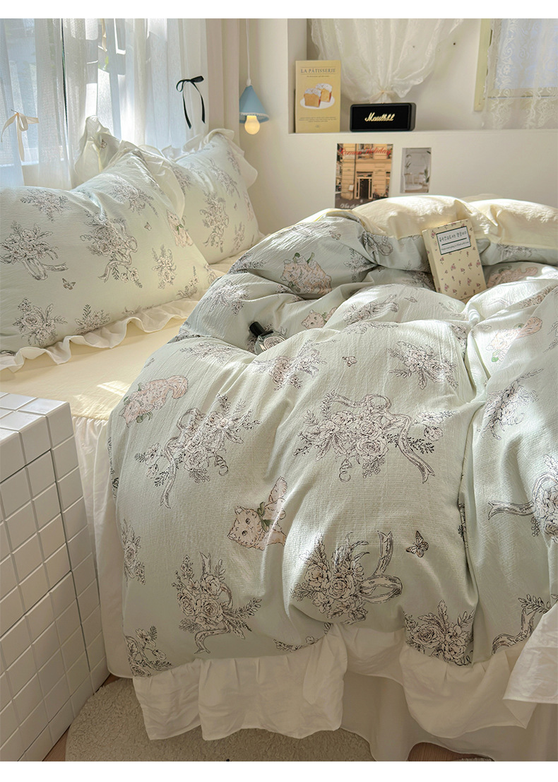 French romantic princess-style lace washed cotton four-piece set, small floral skin-friendly quilt cover, dormitory three-piece set, bed skirt style pic 12