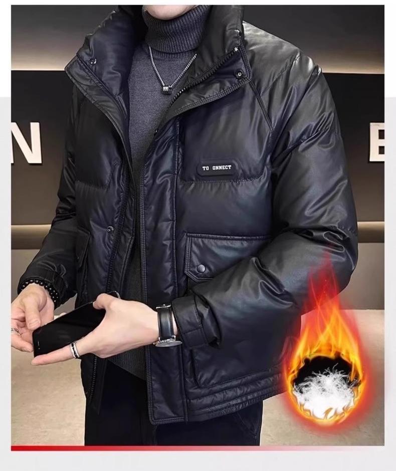 Xingmeng high-end down jacket for men, short stand-up collar pu leather top for winter, warm white duck down jacket for men pic 3