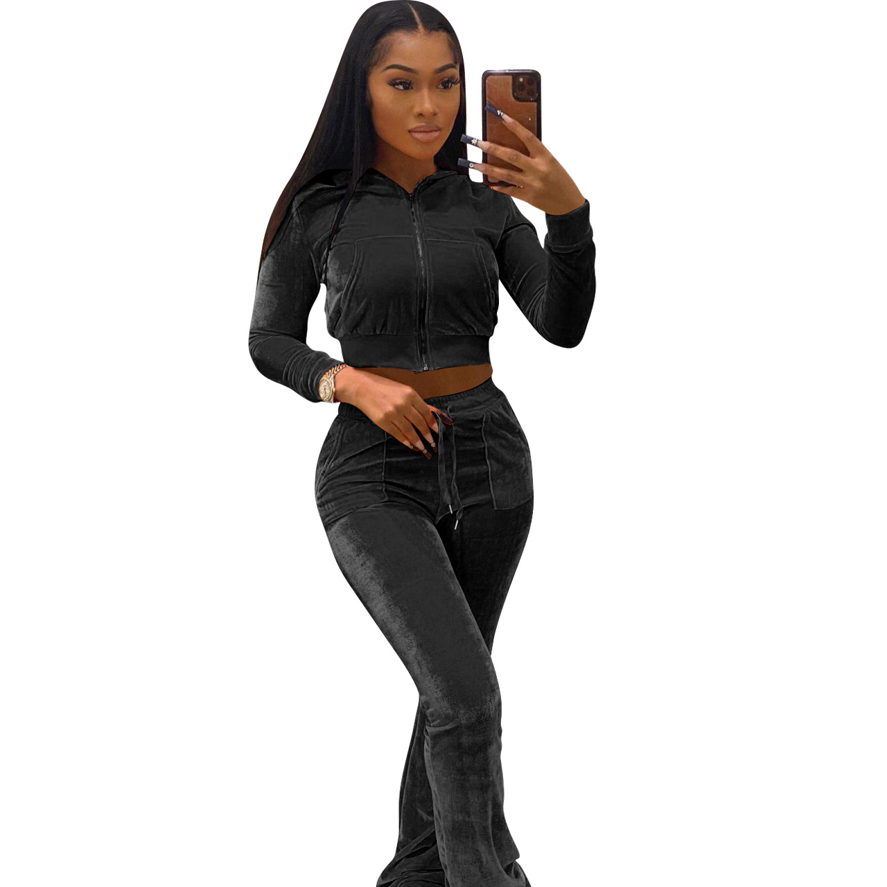 Solid color gold velvet wide-leg pants two-piece set pic 187