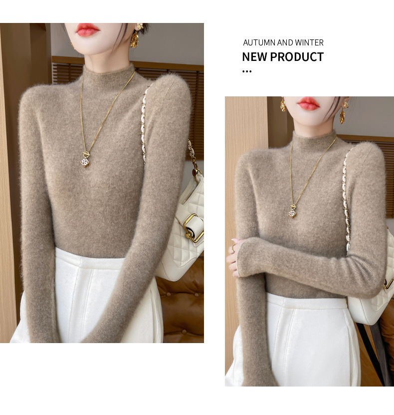 高端纯羊毛毛衣女士半高领秋冬季内搭打底衫针织衫上衣修身显身材详情20