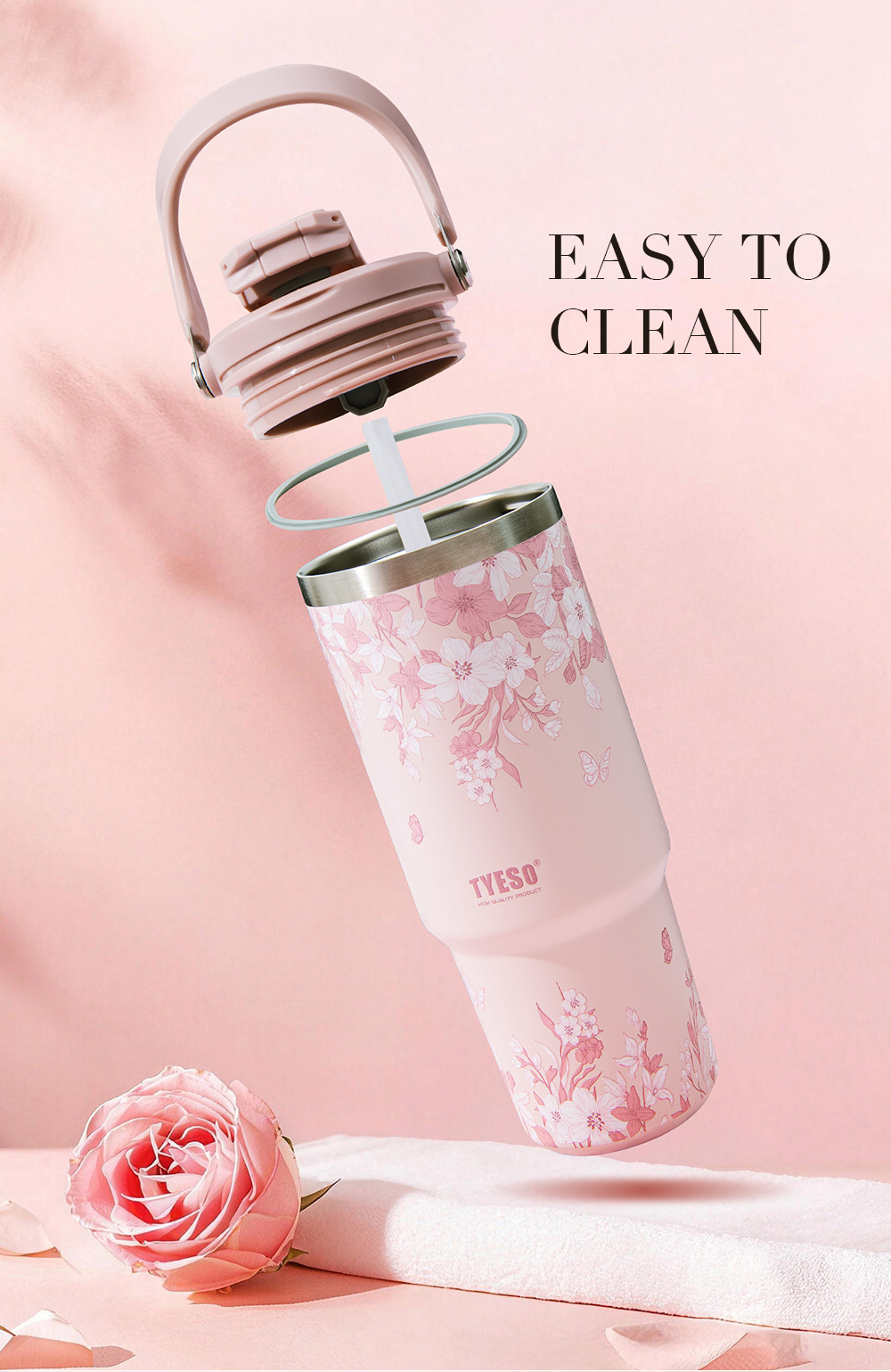 TYESO/ Taishuo Colorful Flower Insulated Cup, double-layer cold preservation portable ice cup, double-drinking car large-capacity water cup pic 4